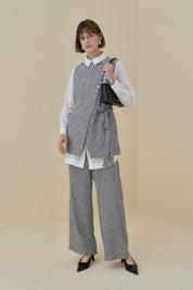 Asymmetrical Closure Vest and Trousers Set in Linen Look - Black