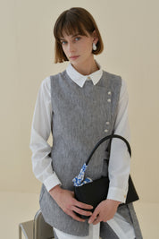Asymmetrical Closure Vest and Trousers Set in Linen Look - Black