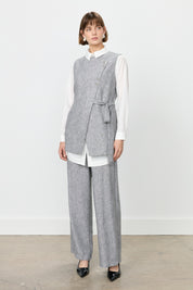 Asymmetrical Closure Vest and Trousers Set in Linen Look - Black