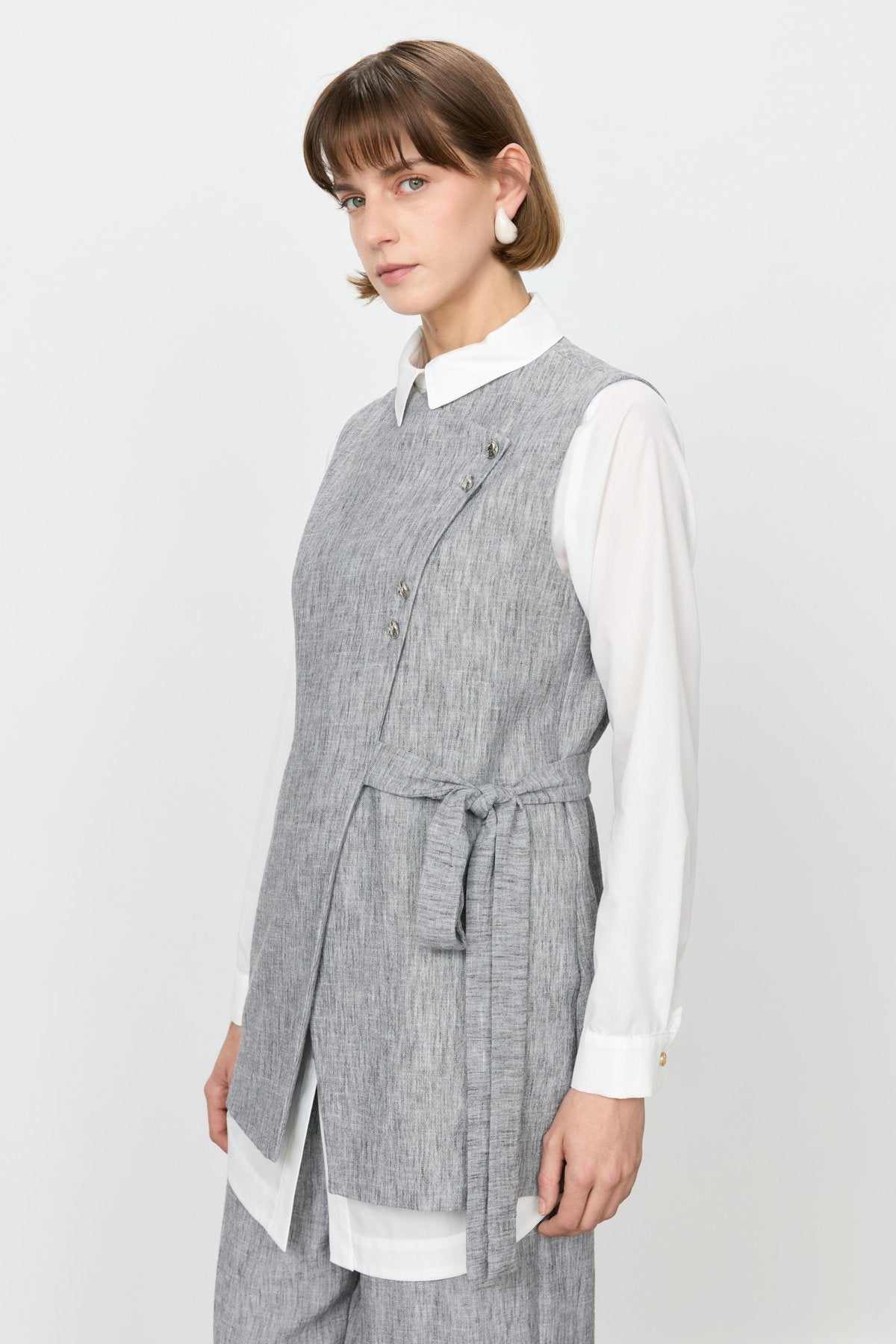 Asymmetrical Closure Vest and Trousers Set in Linen Look - Black
