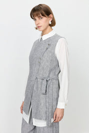 Asymmetrical Closure Vest and Trousers Set in Linen Look - Black