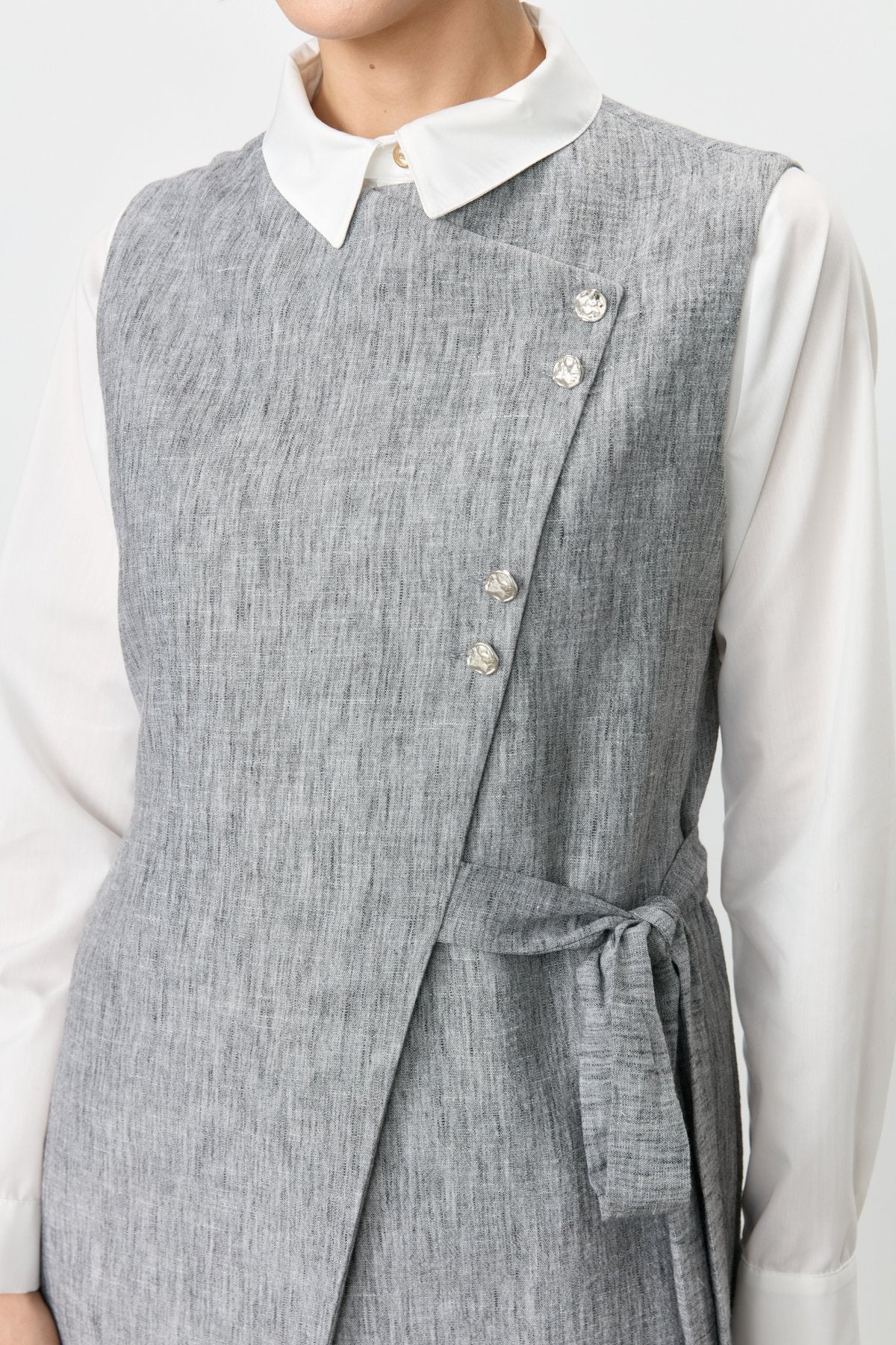 Asymmetrical Closure Vest and Trousers Set in Linen Look - Black