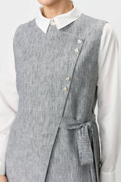 Asymmetrical Closure Vest and Trousers Set in Linen Look - Black