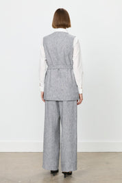 Asymmetrical Closure Vest and Trousers Set in Linen Look - Black