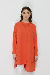 Stylish Tunic with Asymmetrical Cut and Accessory Detail - Pomegranate Bloom
