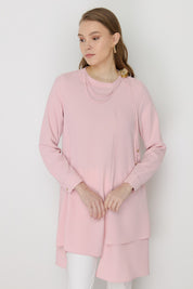 Stylish Tunic with Asymmetrical Cut and Accessory Detail - Powder