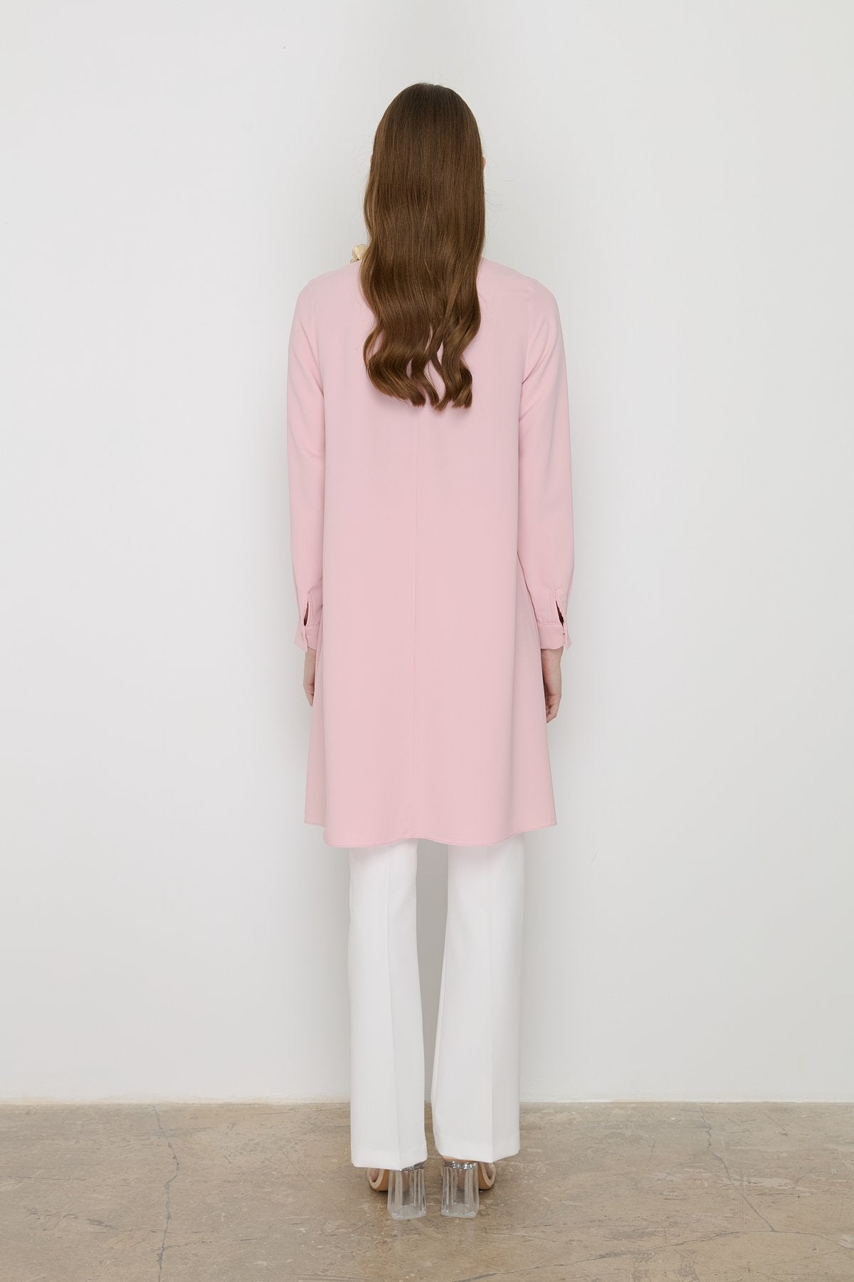 Stylish Tunic with Asymmetrical Cut and Accessory Detail - Powder