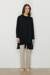 Stylish Tunic with Asymmetrical Cut and Accessory Detail - Black