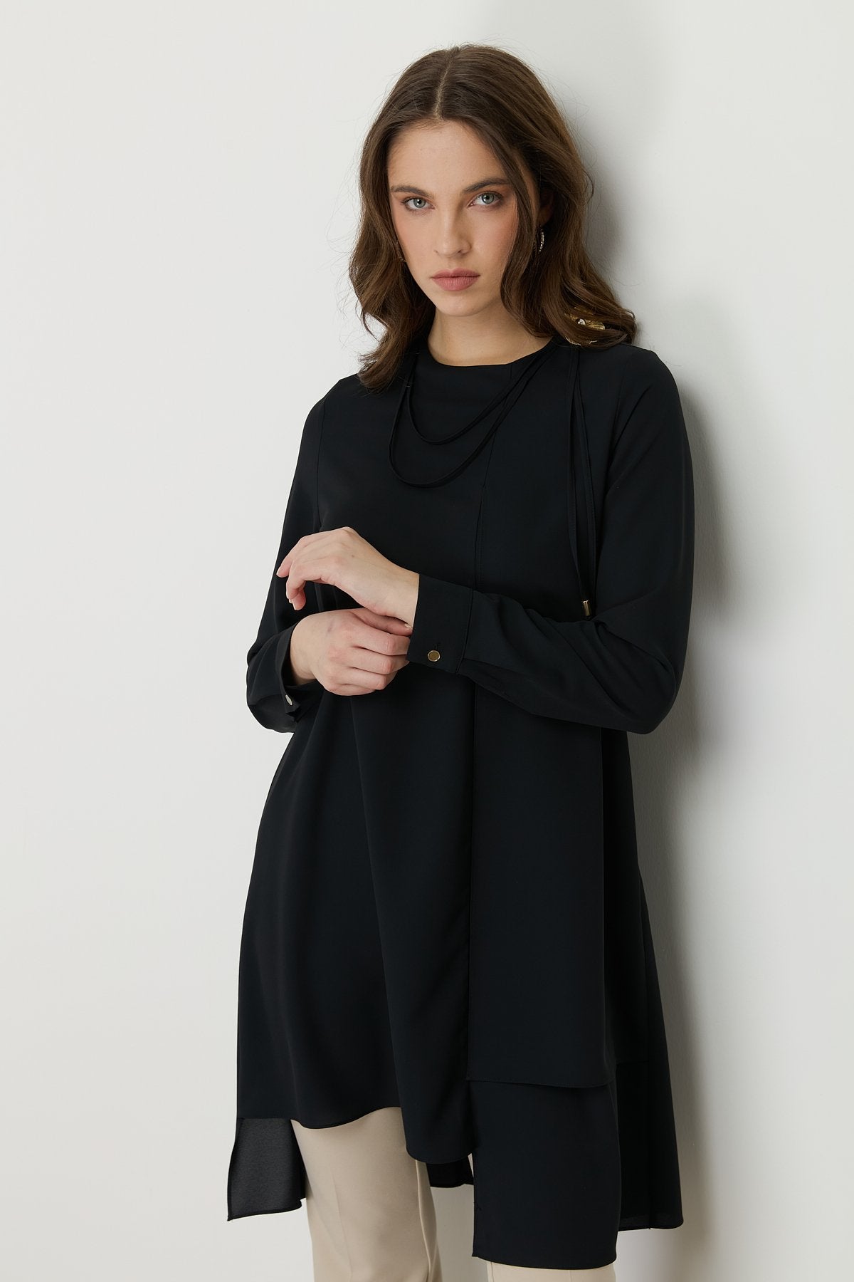 Stylish Tunic with Asymmetrical Cut and Accessory Detail - Black