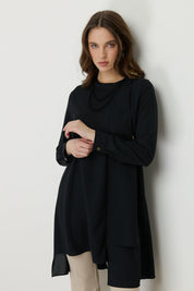 Stylish Tunic with Asymmetrical Cut and Accessory Detail - Black