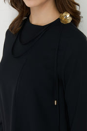 Stylish Tunic with Asymmetrical Cut and Accessory Detail - Black