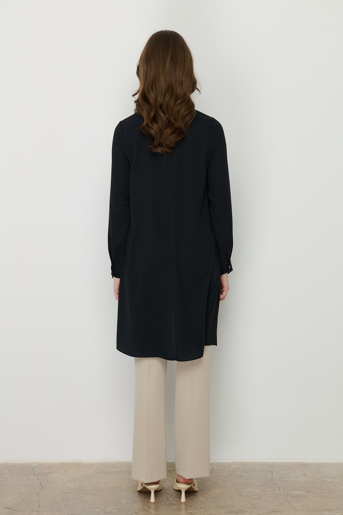 Stylish Tunic with Asymmetrical Cut and Accessory Detail - Black