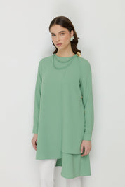 Stylish Tunic with Asymmetrical Cut and Accessory Detail - Green
