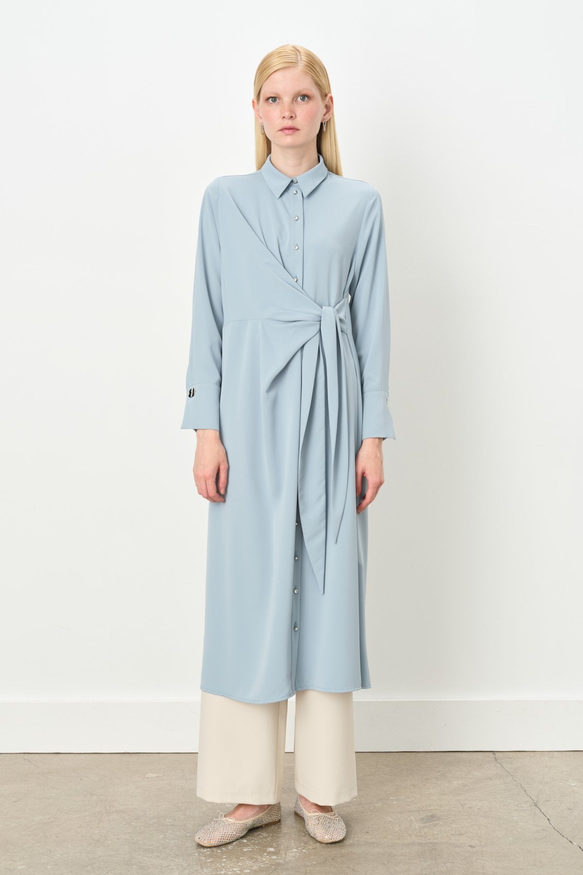 Asymmetrical Tunic with Stone Details - Light Blue