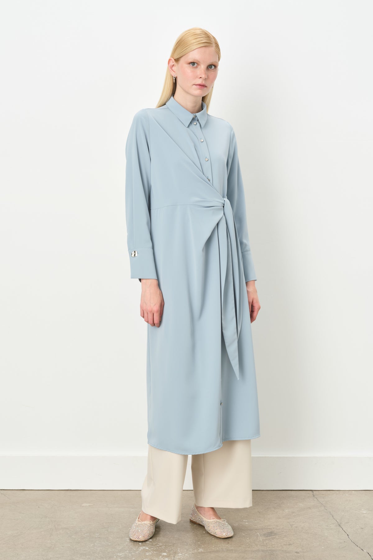 Asymmetrical Tunic with Stone Details - Light Blue