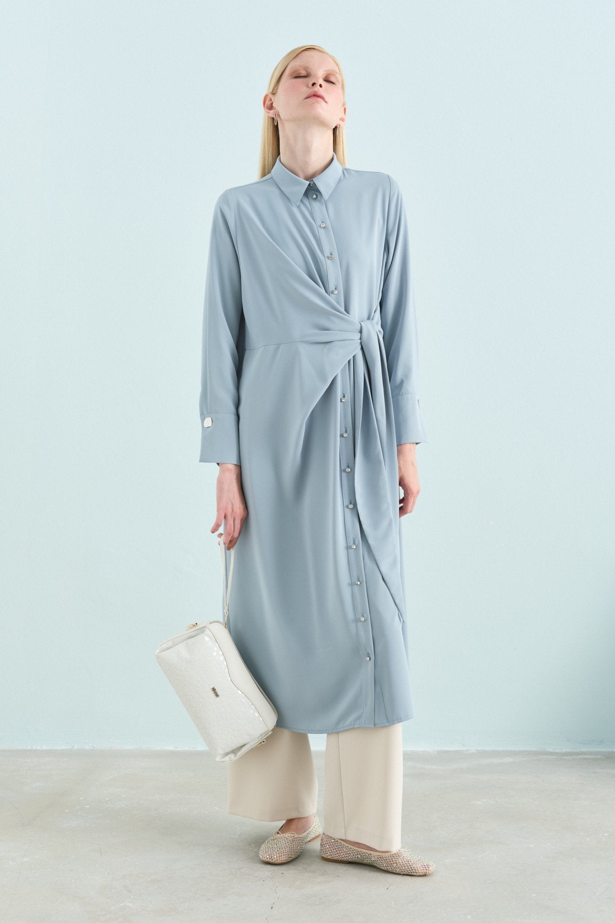 Asymmetrical Tunic with Stone Details - Light Blue