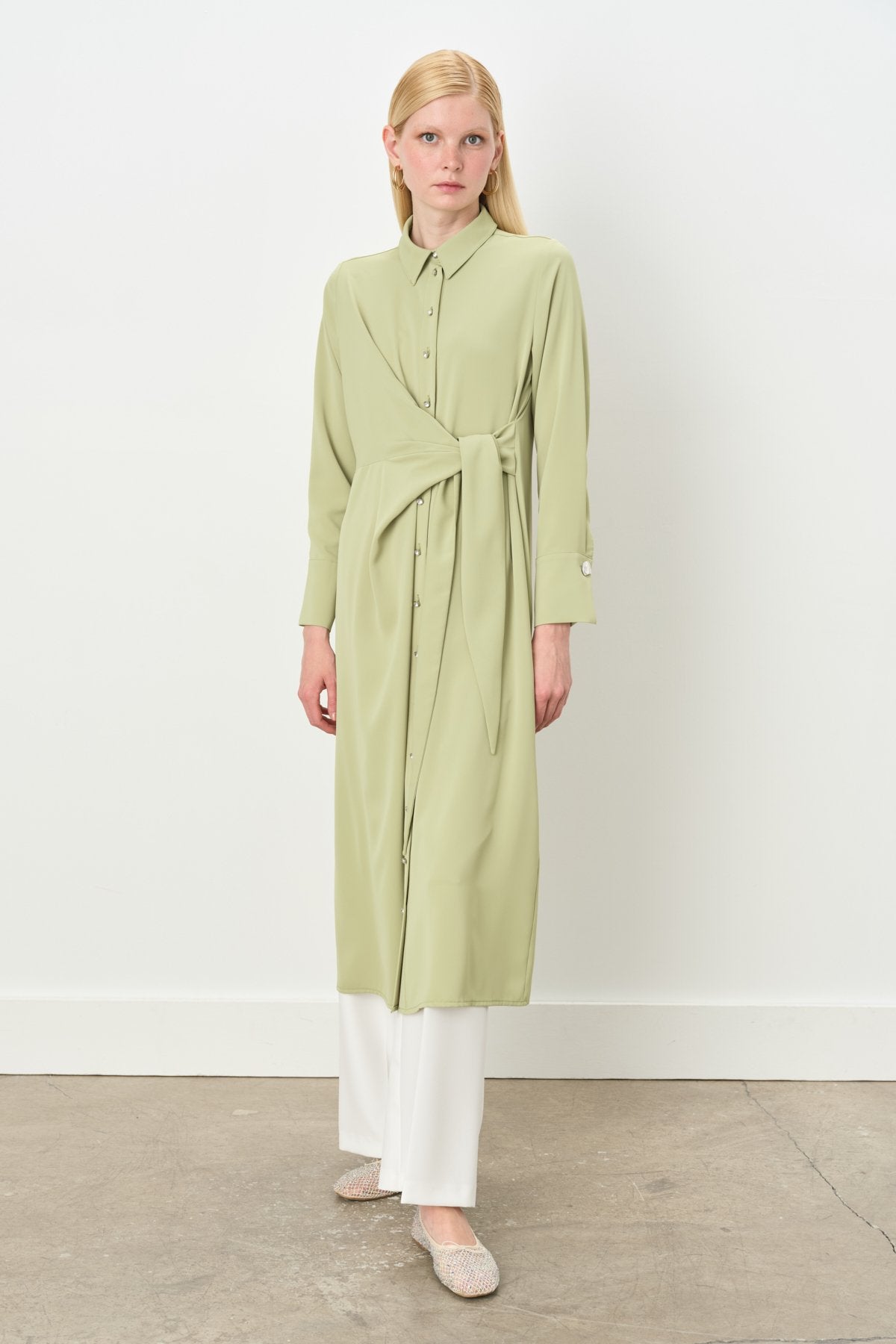 Asymmetrical Tunic with Stone Details - Pistachio Green