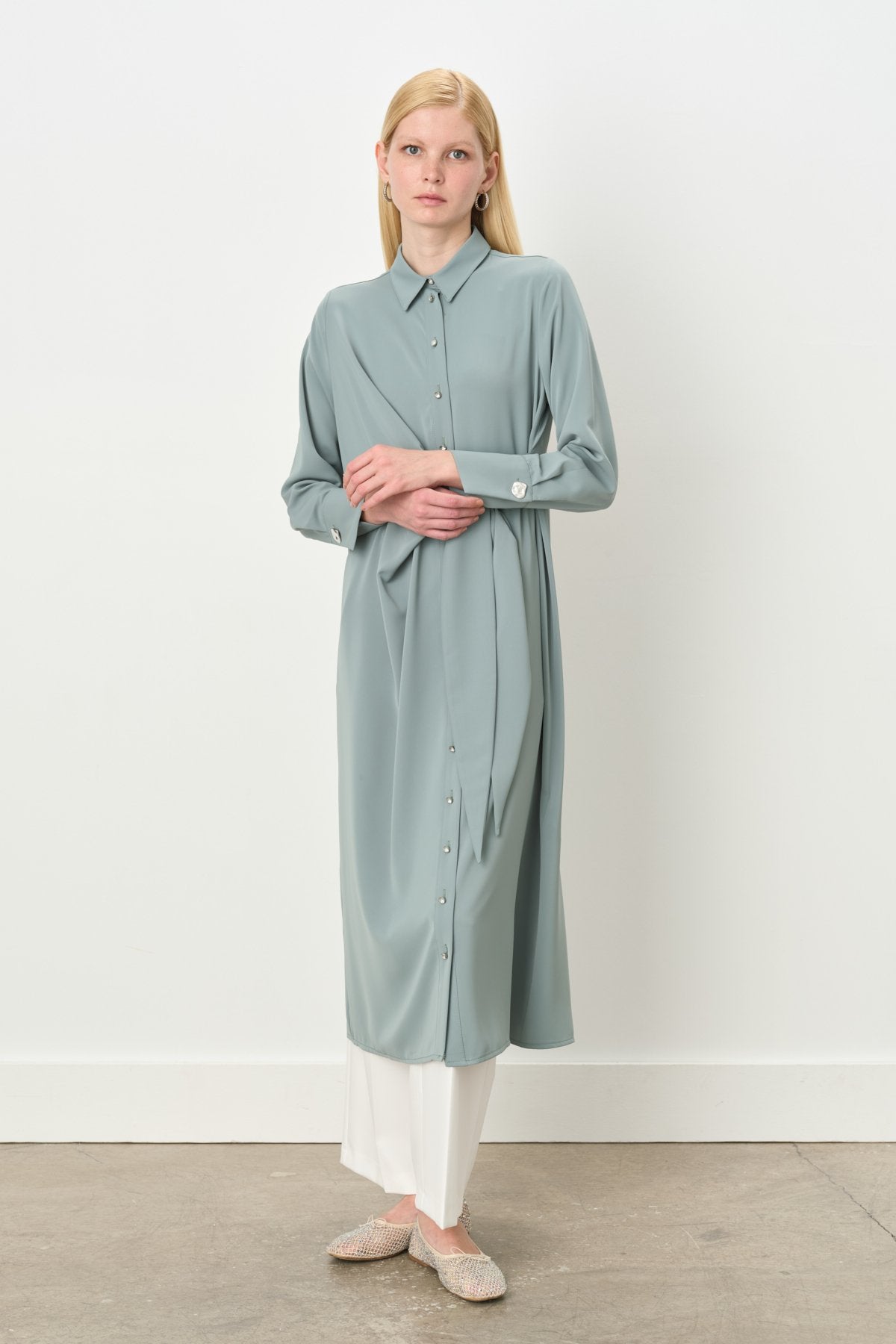 Asymmetrical Tunic with Stone Details - Aqua Green