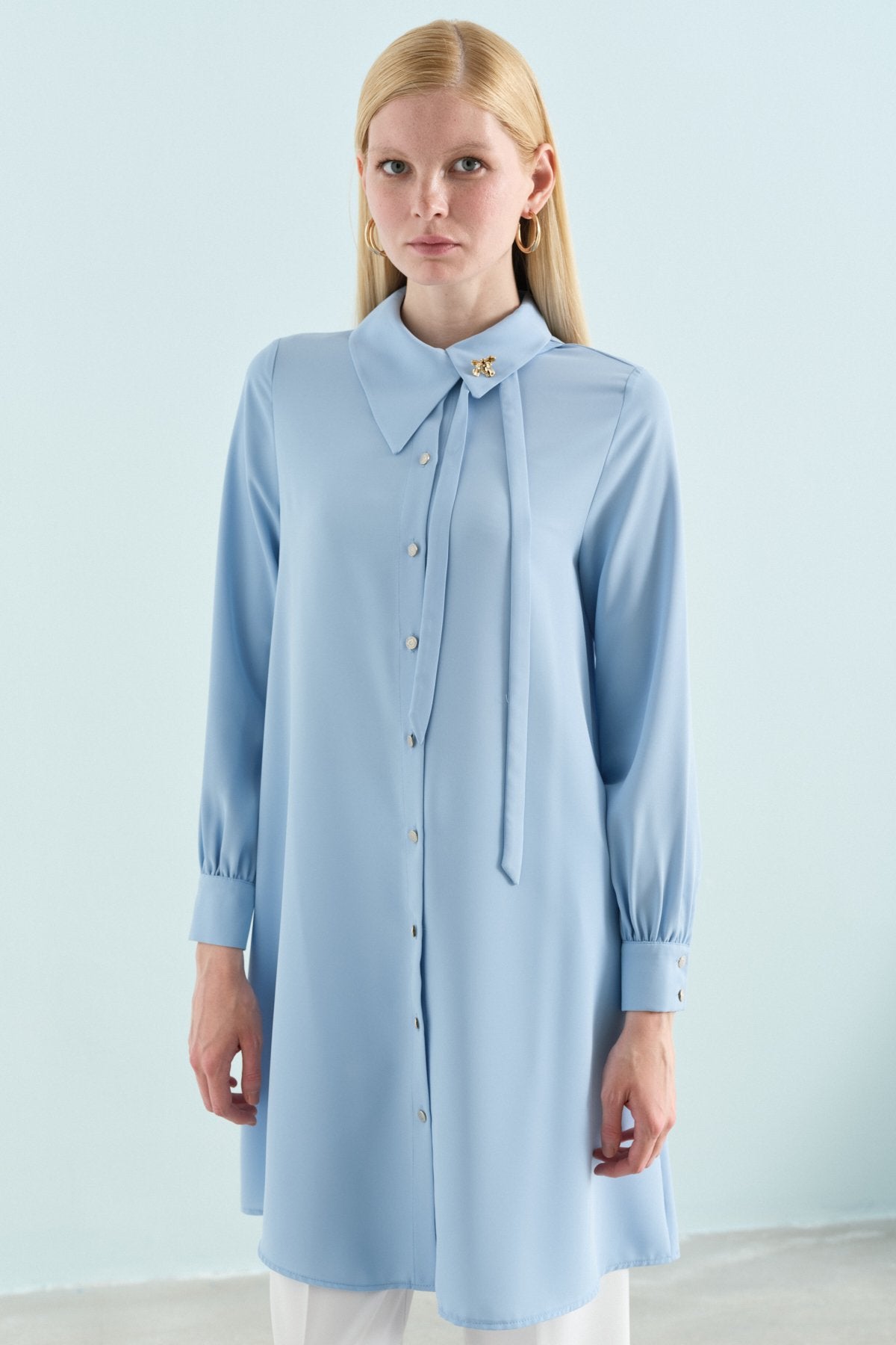 Asimetrik Yaka Şık Tunik - Açık Mavi