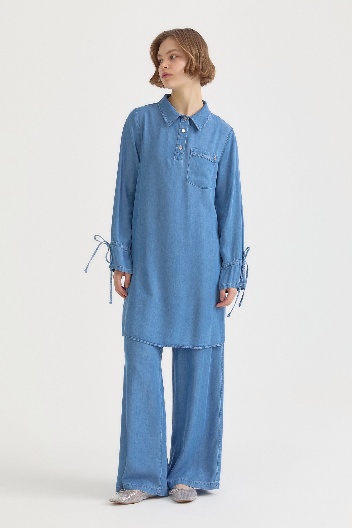 Bağcık Detaylı Lyocell Pantolon Tunik Takım - Buz