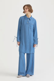 Bağcık Detaylı Lyocell Pantolon Tunik Takım - Buz