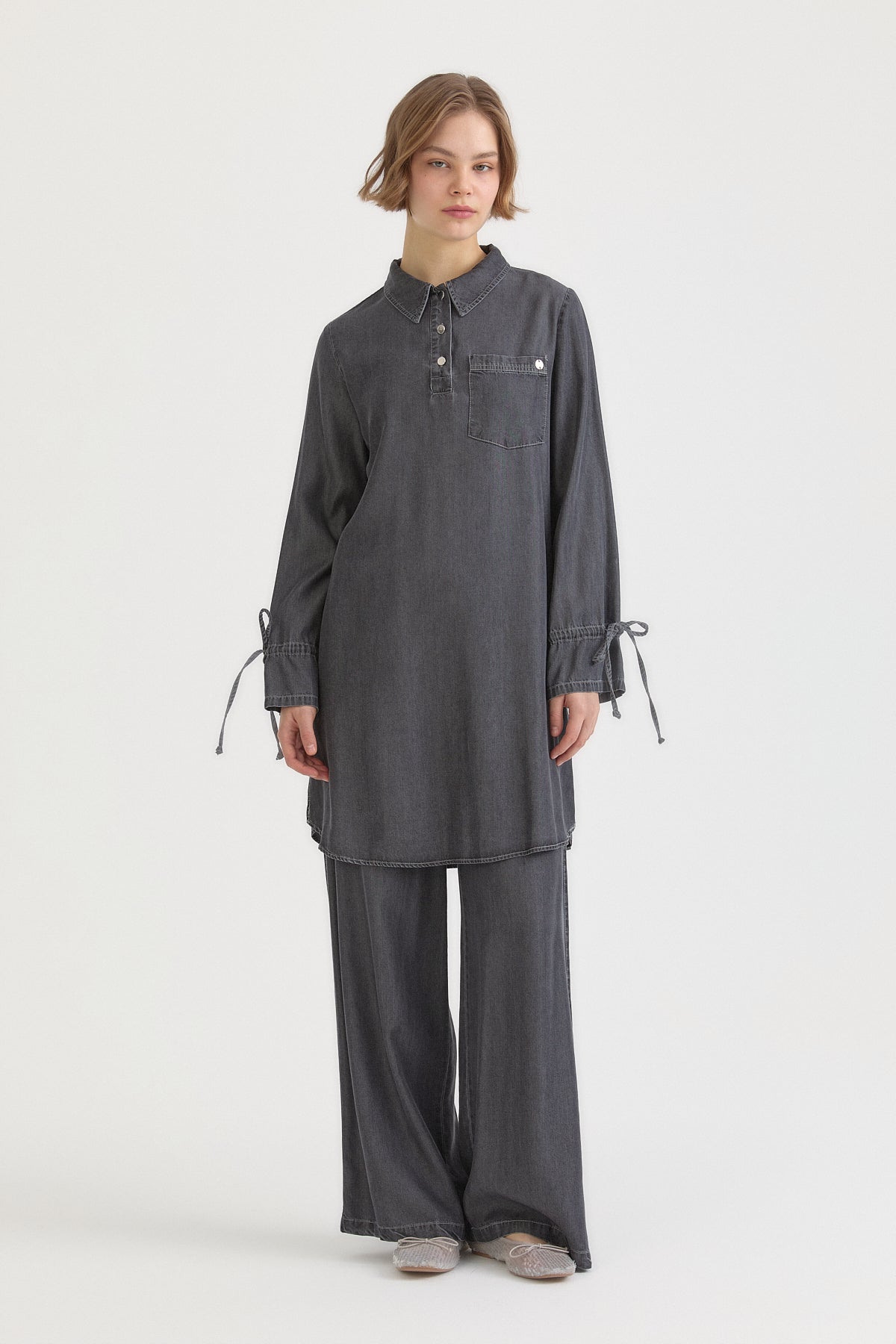 Bağcık Detaylı Lyocell Pantolon Tunik Takım - Füme