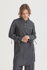 Bağcık Detaylı Lyocell Pantolon Tunik Takım - Füme