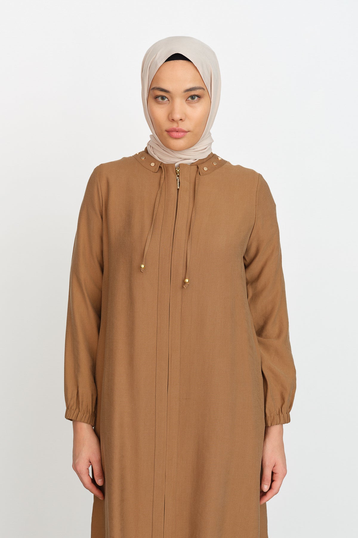 Comfort Fit Tencel Trench Coat with Drawstring Detail - Light Brown