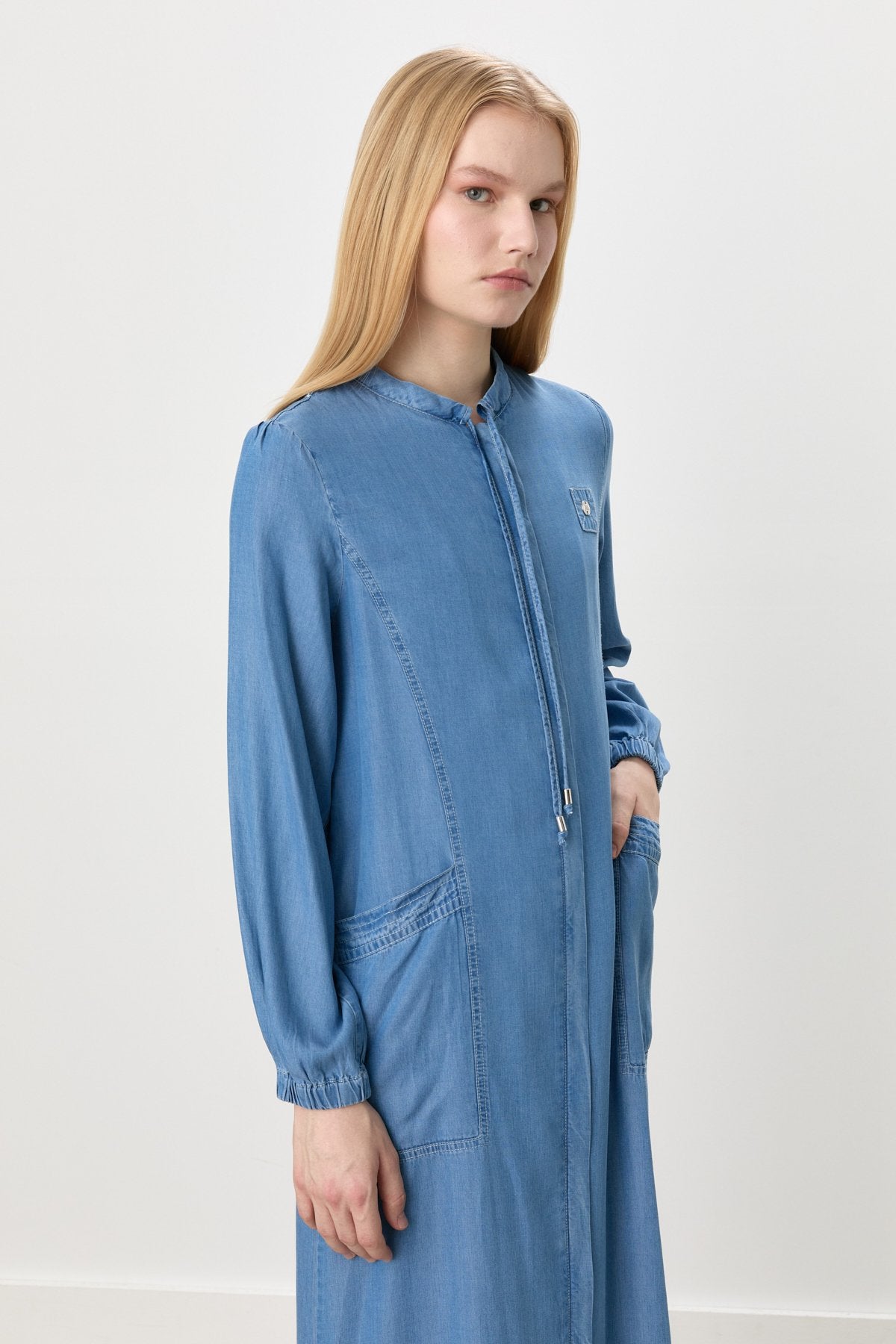 Bağcık Detaylı Tencel Pardesü - Buz