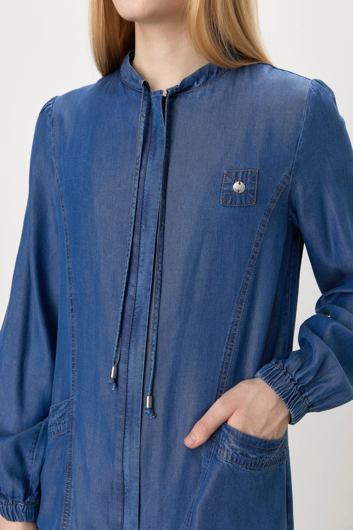 Bağcık Detaylı Tencel Pardesü - İndigo