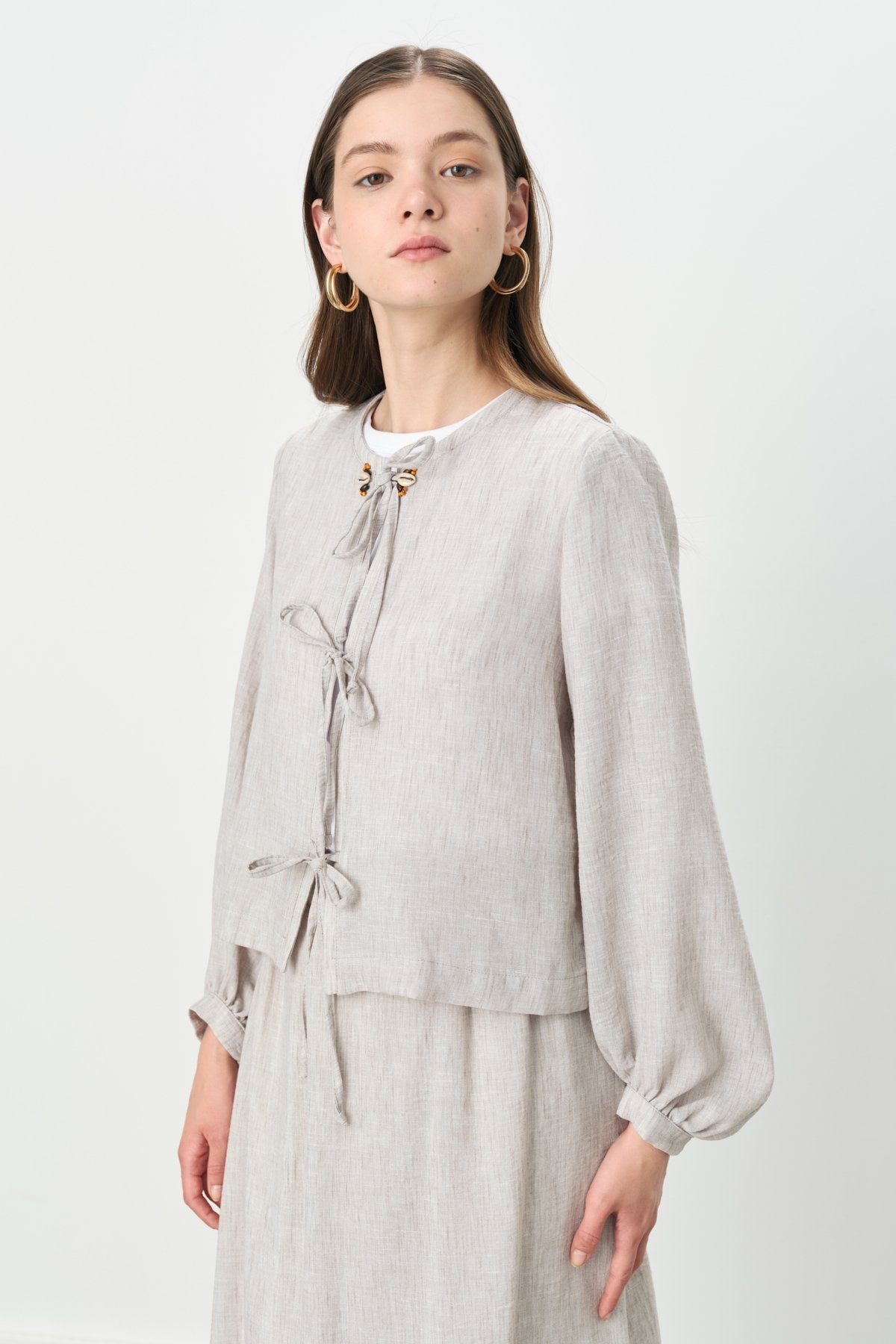 Linen-Look Skirt and Jacket Set - Grey