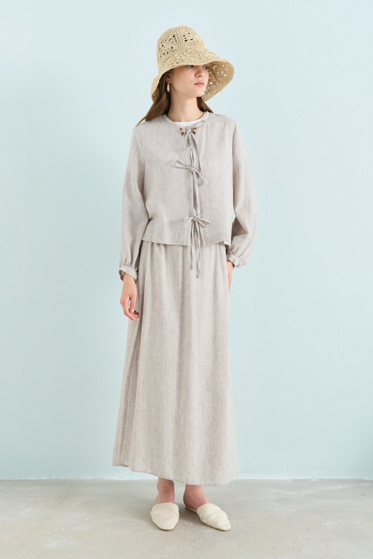Linen-Look Skirt and Jacket Set - Grey