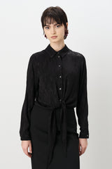 Tie-Detailed Cropped Jacquard Shirt - Black