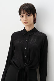 Tie-Detailed Cropped Jacquard Shirt - Black