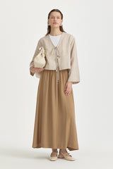 Linen Skirt and Blouse Set with Tie Detail - Beige