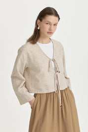 Linen Skirt and Blouse Set with Tie Detail - Beige