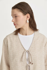 Linen Skirt and Blouse Set with Tie Detail - Beige