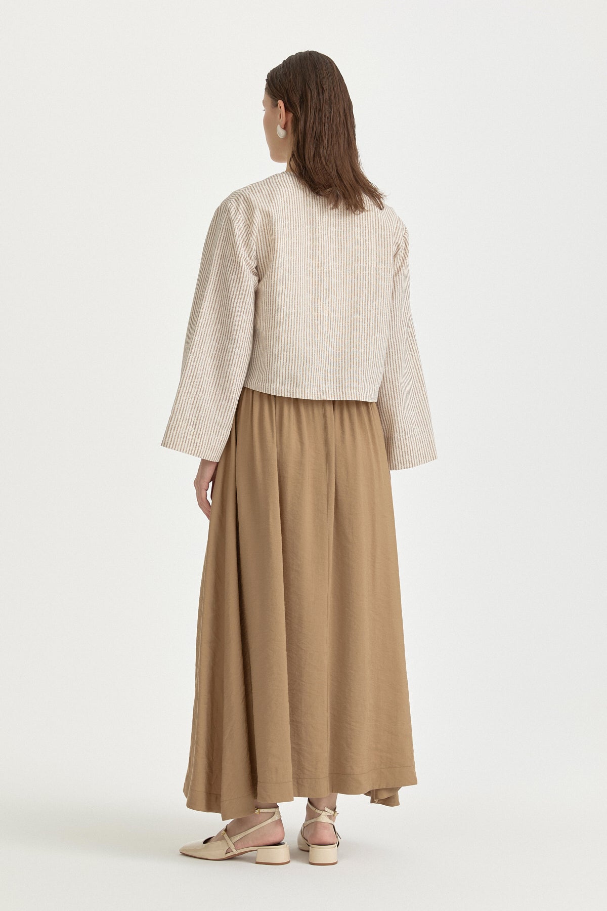 Linen Skirt and Blouse Set with Tie Detail - Beige