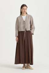 Tie-Detail Linen Skirt Blouse Set - Coffee