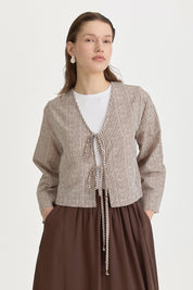 Tie-Detail Linen Skirt Blouse Set - Coffee