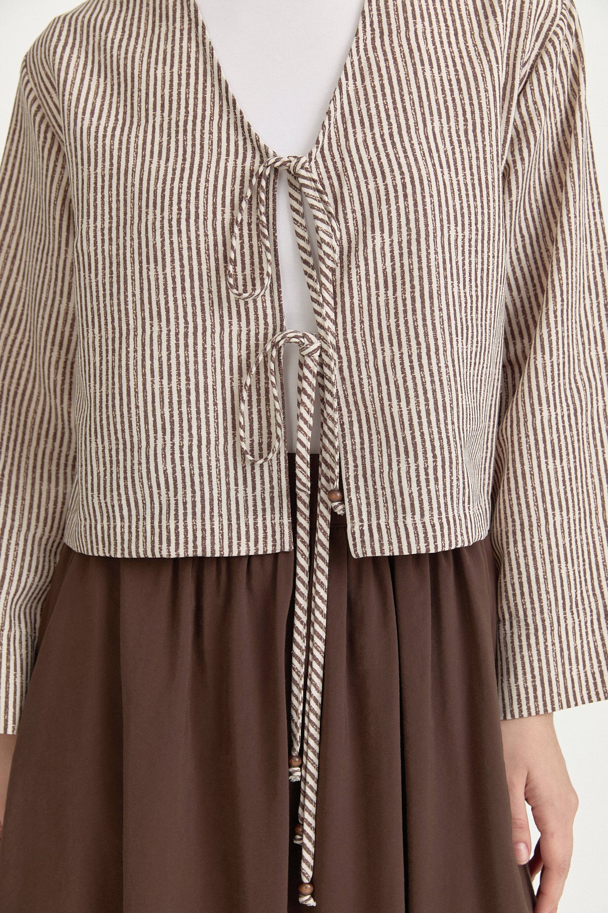 Tie-Detail Linen Skirt Blouse Set - Coffee
