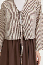 Tie-Detail Linen Skirt Blouse Set - Coffee
