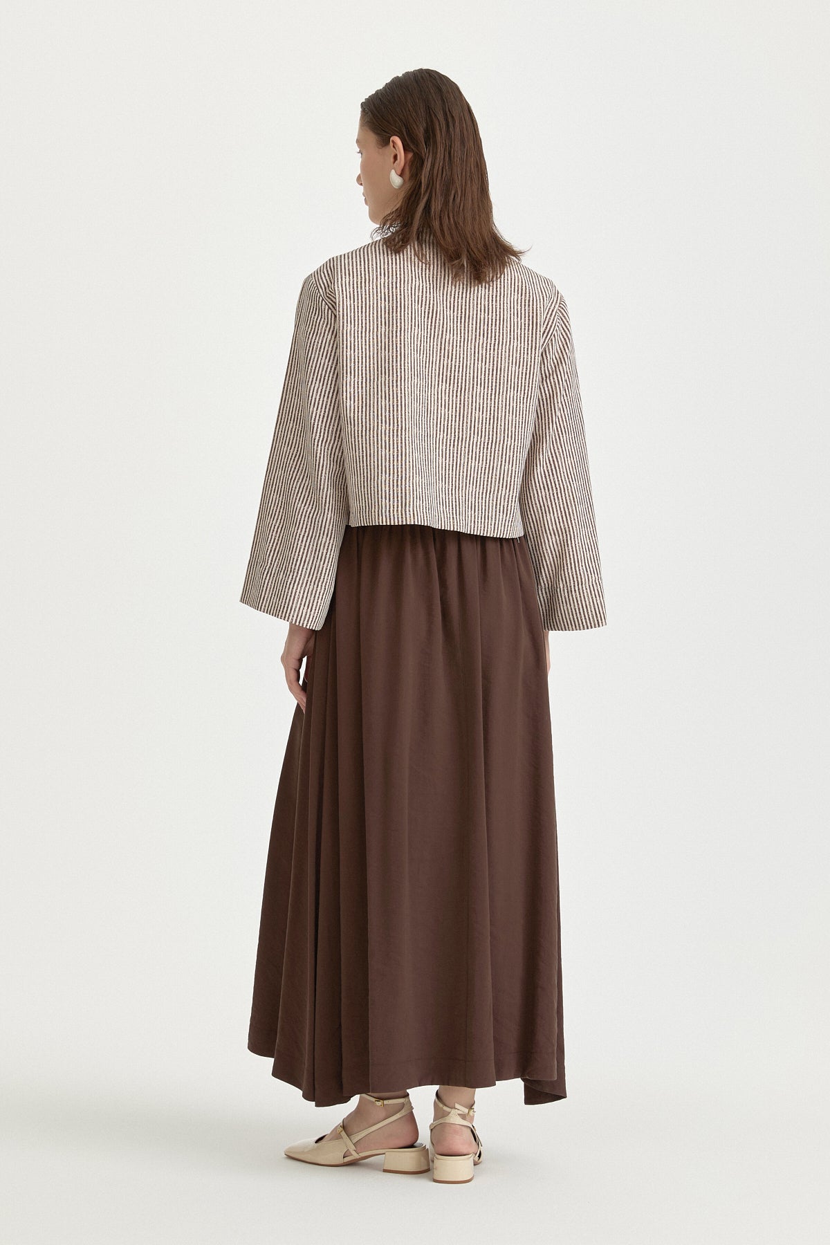 Tie-Detail Linen Skirt Blouse Set - Coffee