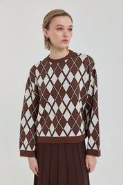 Baklava Patterned Crop Sweater - Coffee