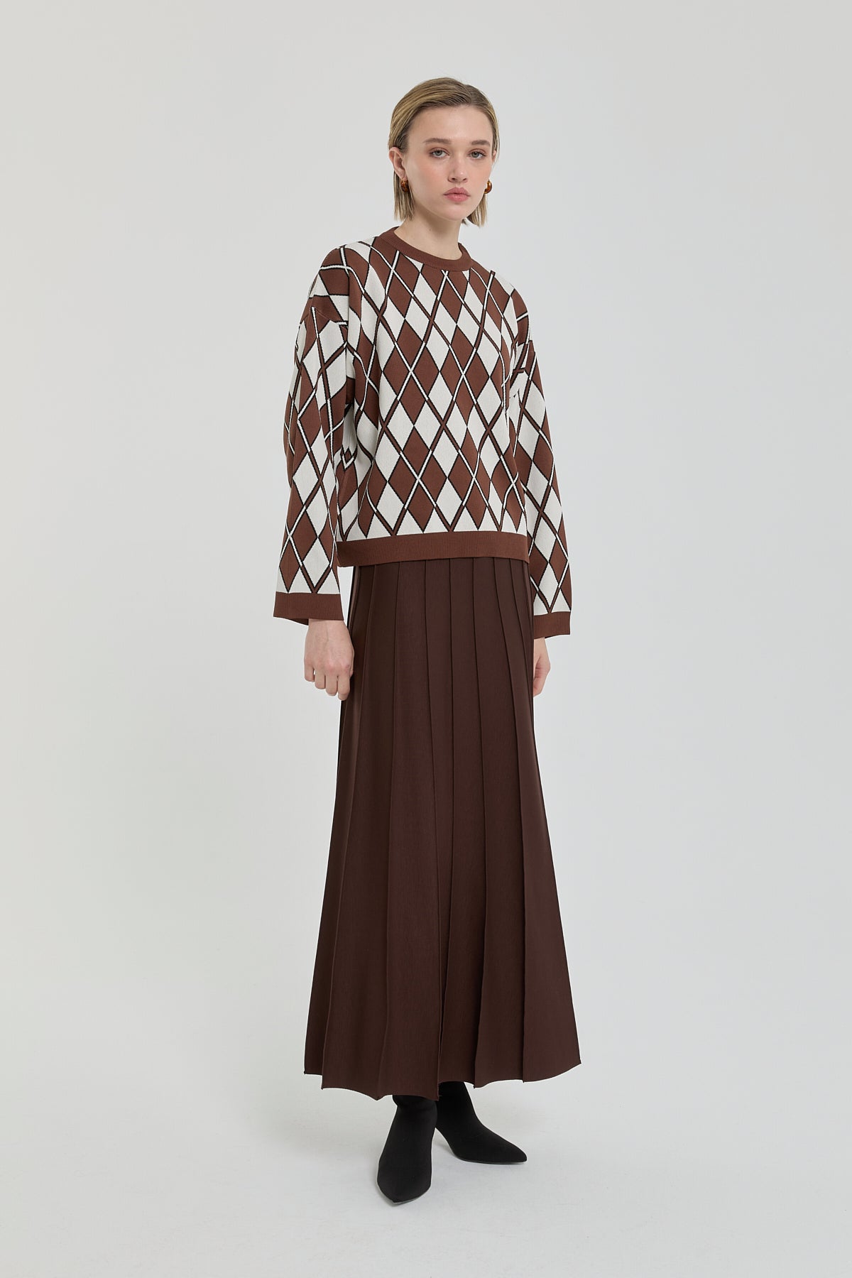 Baklava Patterned Crop Sweater - Coffee