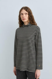 Balıkçı Yaka Çizgili Basic Sweat - Siyah