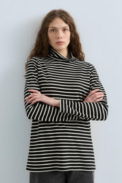 Balıkçı Yaka Çizgili Basic Sweat - Siyah