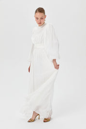 Balloon Sleeve High Neck Evening Dress - White