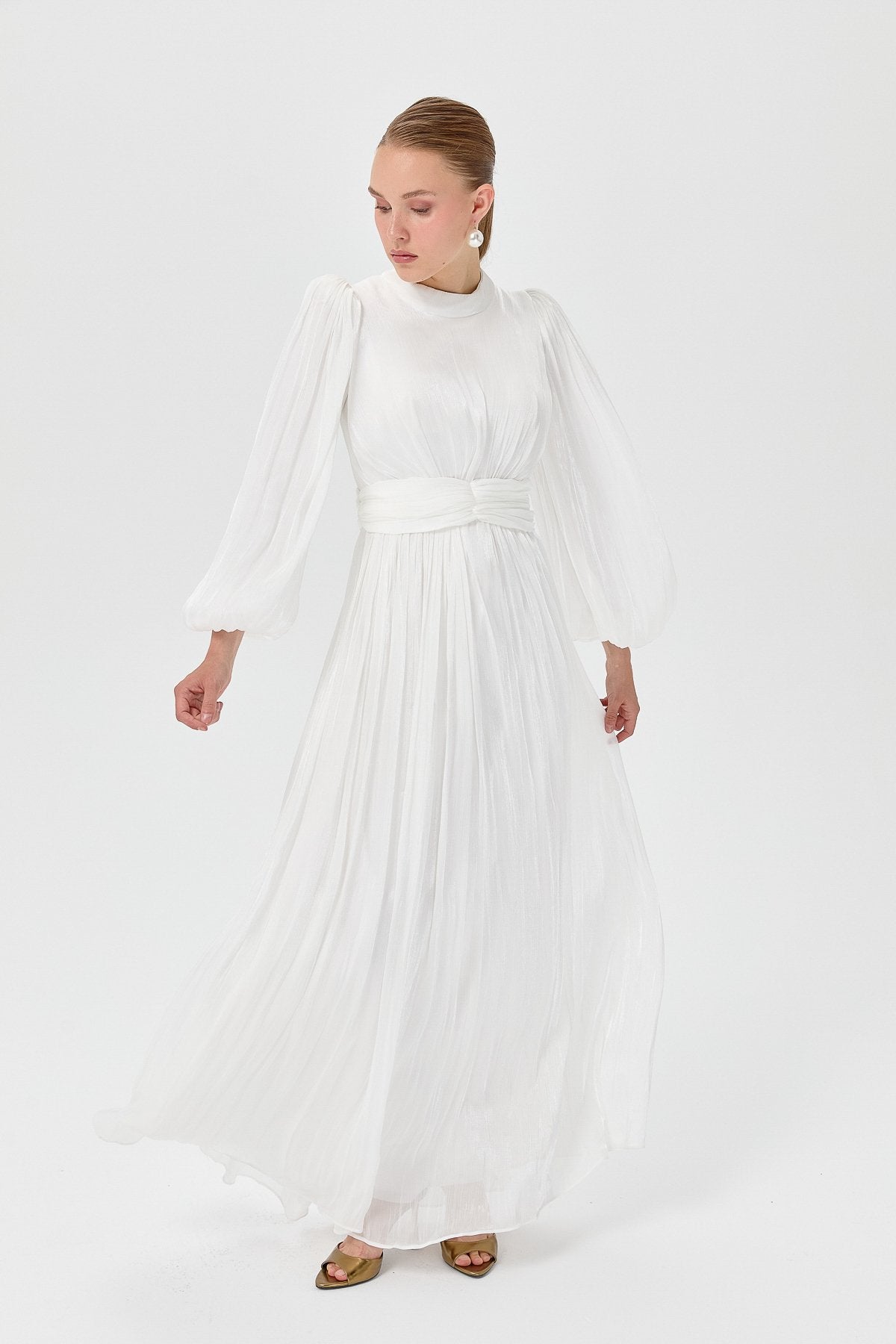 Balloon Sleeve High Neck Evening Dress - White