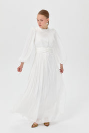 Balloon Sleeve High Neck Evening Dress - White
